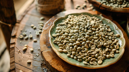 Green coffee beans on a plate on the table, ready for weighing.の素材