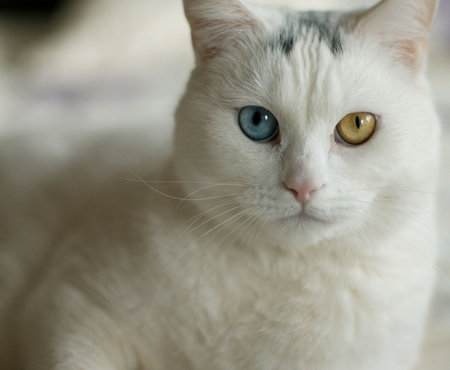 White cat with one blue and one yellow eye.の写真素材