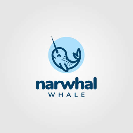 Cute Cartoon Narwhal Whale inside a blue circle. Fun, modern, simple, and clean. Suitable for conservation logos, children's clothing, hotels, playgrounds, swimming pools, etc.のイラスト素材