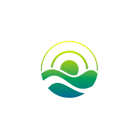circular ocean logo with waves and sun on the horizonのイラスト素材