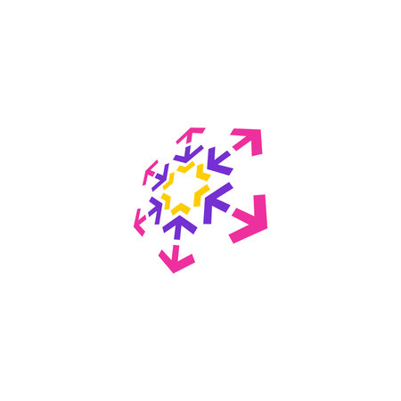hexagon logo with inward and outward arrows at each corner