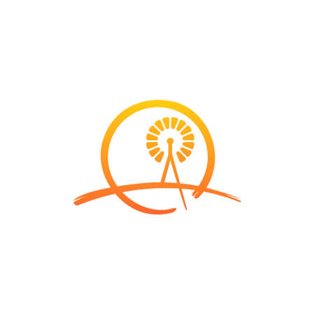 outline logo of a windmill on the horizon with the sun as the backgroundのイラスト素材