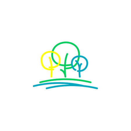 line art logo of three trees with round shape on curved stripesのイラスト素材