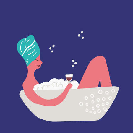 A girl with a towel on her head lies in the bath and drinks wine. It is a home spa for a woman. A woman relax with glass of wine in a bathtub.のイラスト素材