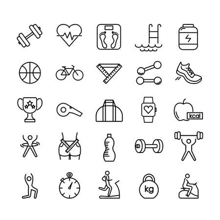 Fitness icon set. Gymnastic equipment pictogram for web. Line stroke.のイラスト素材