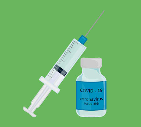 Flat illustration of vaccination. Syringe and ampoule vith vaccine against covid and other viral disease. Simple image isolated on green background.のイラスト素材