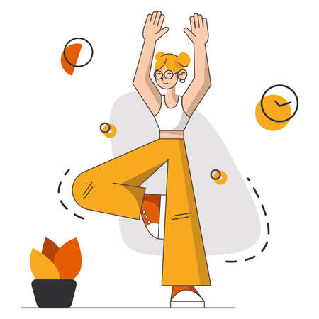 Beautiful cartoon flyer with sport indoor at home. Cartoon gymnast woman vector illustrations. Exercise and workout at home template isolated on white backgroundのイラスト素材