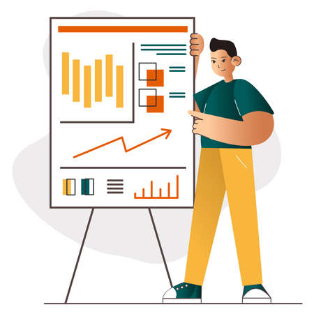 Cartoon style vector illustration isolated on white background. Technology corporate. Modern banner of asian boy business strategy. Innovation technology of teamwork. Business man character.のイラスト素材