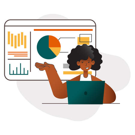 Cartoon style vector illustration isolated on white background. Communication technology corporate. Modern banner of business strategy. Black girl at work. Business woman character.のイラスト素材
