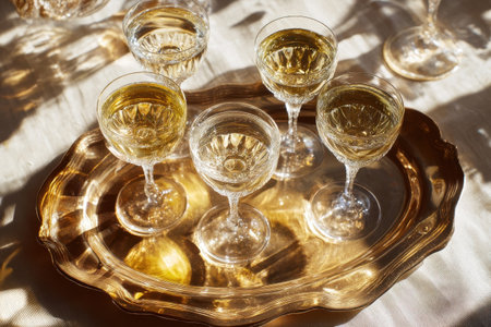 overhead shot of multiple champagne glasses on a tray with golden reflections, styled for a party setting, high contrast shadows   v 7, Generative AIの素材