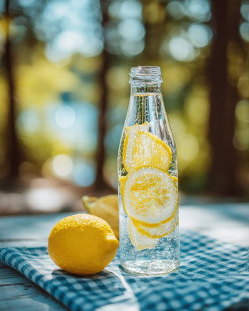 a bottle of sparkling water with lemon slices inside, sitting on a summer picnic table, bokeh of trees in background, bright and airy tone   v 7, Generative AIの素材