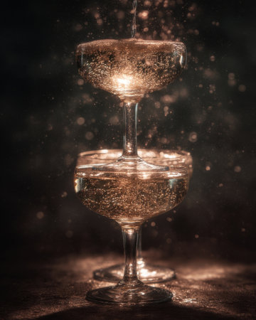 champagne tower of three stacked glasses with bubbles rising inside, spotlight above creating sparkle effects, dark elegant mood   v 7, Generative AIの素材