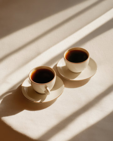 clean minimalist composition of two coffee cups on white table, sunlight casting crisp shadow lines, friendship implied subtly, Generative AIの素材
