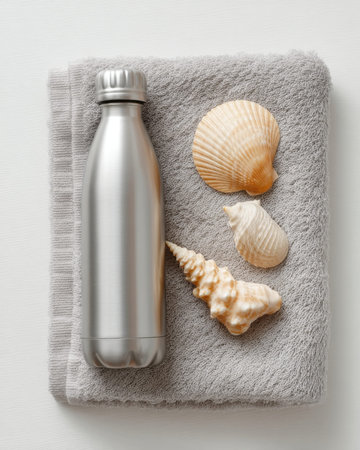 minimal flatlay of reusable water bottle, shells, and beach towel on plain white background, clean look for ad use, Generative AIの素材