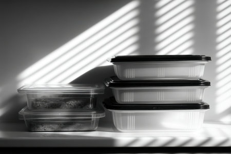 side view of perfectly stacked meal containers on empty counter, morning light through blinds casting stripes, Generative AIの素材
