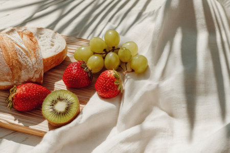 white cloth on picnic table with spring fruits and bread, morning shadows and text space at top, Generative AIの素材