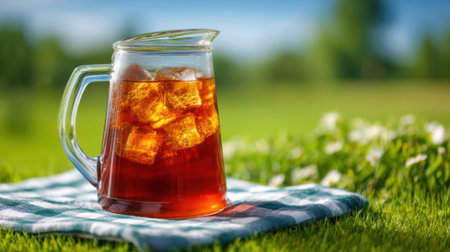 glass pitcher of iced tea placed center on picnic cloth, green field in background, clear space for overlay text, Generative AIの素材