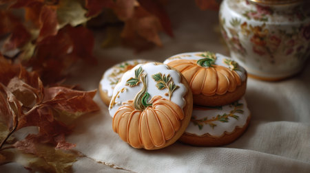 artistic pumpkin cookies with intricate icing details, homemade halloween style, rustic autumn backdrop   c 10, Generative AIの素材