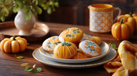 artistic holiday pumpkin cookies, creative hand iced patterns, festive halloween mood, rustic kitchen setting   c 10, Generative AIの素材