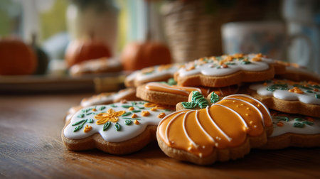close up of handmade pumpkin cookies, vibrant icing art, festive halloween holiday atmosphere, cozy kitchen scene   c 10, Generative AIの素材