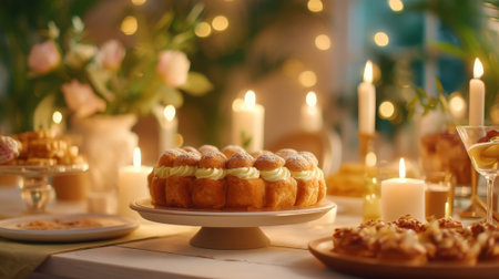 a party table setup with cream puff cake as centerpiece, candles flickering in background, other desserts blurred, soft warm tone, Generative AIの素材