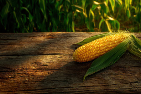 a corn field with one cob picked and placed on a weathered wooden surface, soft ambient natural light, Generative AIの素材