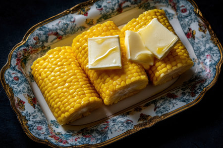 a vintage style enamel plate with sliced corn wheels stacked neatly, melted butter on top, light bouncing off surface texture, Generative AIの素材