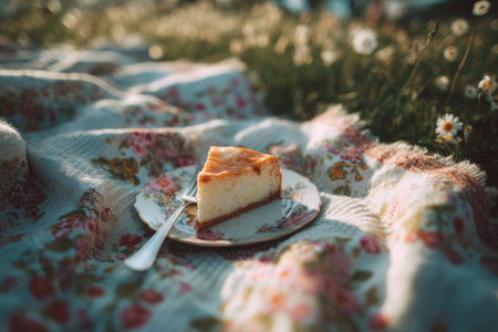 a picnic blanket with a single slice of cake on floral plate, blurred grass and summer light surrounding it, Generative AIの素材