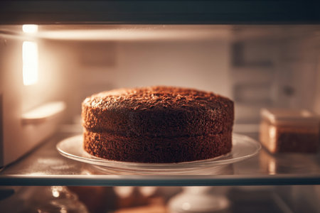 a fridge door open with a single german chocolate cake on top shelf, soft light illuminating the cake through glass container, Generative AIの素材