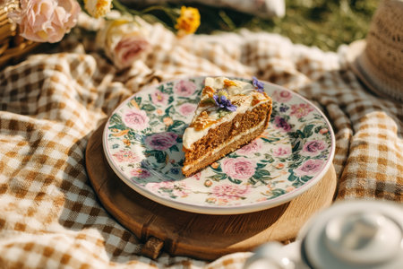 a picnic blanket with a single slice of cake on floral plate, blurred grass and summer light surrounding it, Generative AIの素材