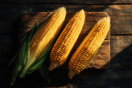 a cinematic overhead shot of three corn cobs arranged diagonally across wooden table, dark background with side sunlight, Generative AIの素材