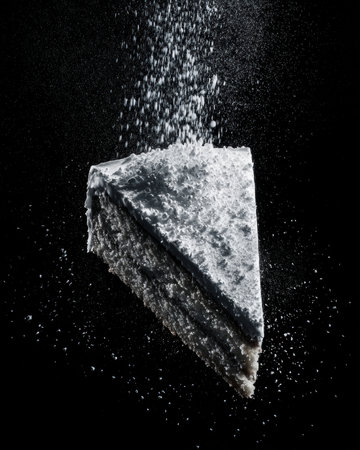 a concept image of one slice being lit dramatically from above, background black, icing shine and texture emphasized, Generative AIの素材