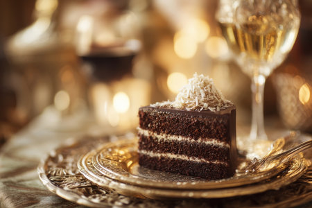 a stylized dessert table scene with only one german chocolate cake slice in focus, wine glass blurred in background, soft golden light, Generative AIの素材