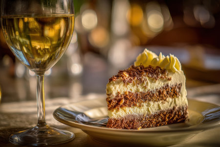 a stylized dessert table scene with only one german chocolate cake slice in focus, wine glass blurred in background, soft golden light, Generative AIの素材