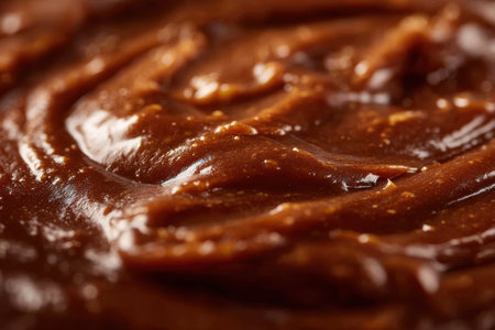 a macro shot of the coconut pecan frosting texture, deep rich color and shine, blurred background for visual separation, Generative AIの素材