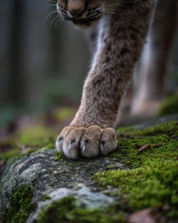 a close up of a lynx paw stepping onto moss covered rock, rain damp detail sharp, shallow depth of field, Generative AIの素材