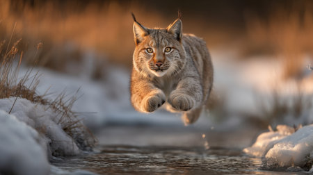 a lynx leaping silently across a frozen stream, caught mid air with extended legs, dramatic directional light and motion blur on edges, Generative AIの素材
