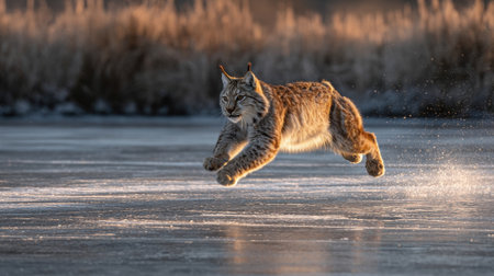 a lynx leaping silently across a frozen stream, caught mid air with extended legs, dramatic directional light and motion blur on edges, Generative AIの素材