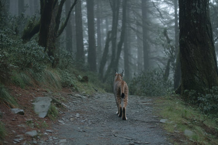 a lynx from behind walking deeper into the woods, tail raised, fading into mist, cinematic distance feel, Generative AIの素材