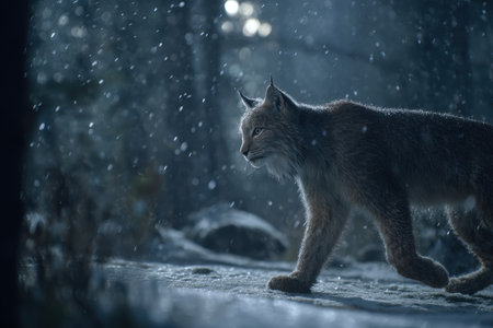 a cinematic frame of lynx walking through snowfall, side lighting catches individual flakes, deep vignette mood, Generative AIの素材