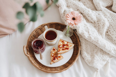 a top down flatlay of a breakfast tray with toast, jam, single flower in tiny vase, and folded linen, white tabletop, Generative AIの素材