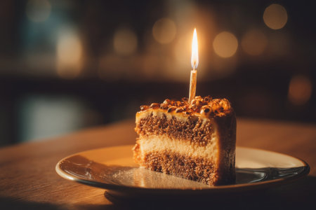 a cinematic overhead of a single birthday candle burning on slice of cake, in dark room with soft orange glow, Generative AIの素材