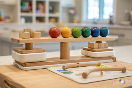 a therapy toy setup with wooden blocks, small balance tools and drawing board, focus on textures, clean room light, Generative AIの素材