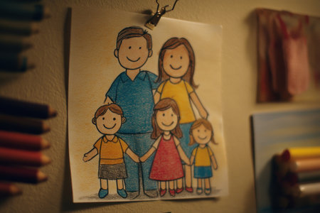 a child's drawing of family, taped to wall, focus on drawing with background softly blurred, storytelling tone, Generative AIの素材
