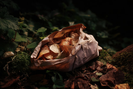 a compostable packaging lying on forest floor, half covered in leaves, soft natural decay tones, subtle storytelling   v 7, Generative AIの素材