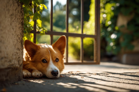 a dog with sad eyes watching its owner leave through a gate, sunlight casting long shadows on the ground   v 7, Generative AIの素材