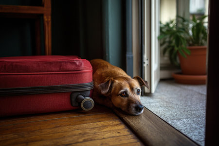 a confused dog looking at a suitcase near the door, owner's feet in frame, feeling of abandonment   v 7, Generative AIの素材