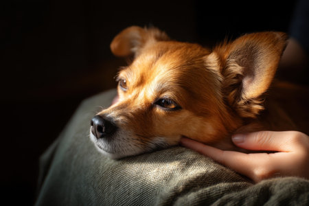 a dog resting its head on owner's lap while owner gently strokes its back, warm indoor lighting, deep sense of bond and trust   v 7, Generative AIの素材