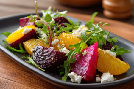 overhead shot of roasted beet and citrus salad with arugula and goat cheese, vibrant colors on matte ceramic dish   v 7, Generative AIの素材