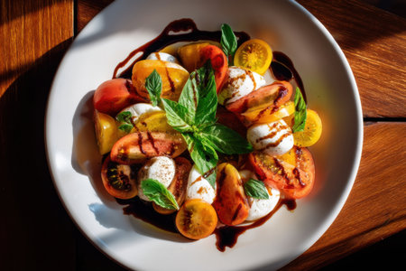 a fresh burrata with heirloom tomatoes and balsamic glaze, overhead shot with rustic shadows and contrast   v 7, Generative AIの素材